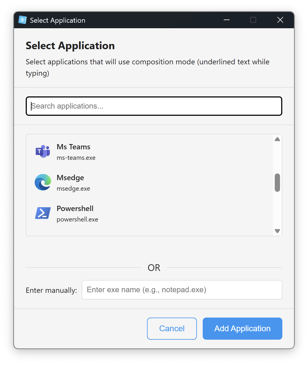 Application Selection Dialog